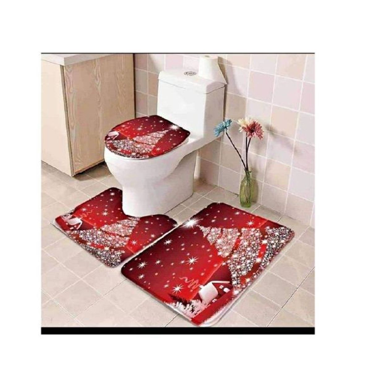 GENERICO - Juego x3 de tapete de baño navideño con estampado para inodoro
