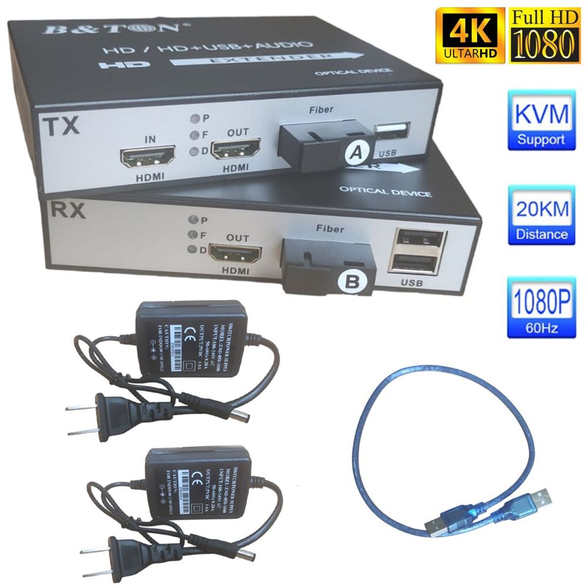 GENERICO - Extensión Extender HDMI fibra optica KVM Hasta 20 kilometros 1080 USB