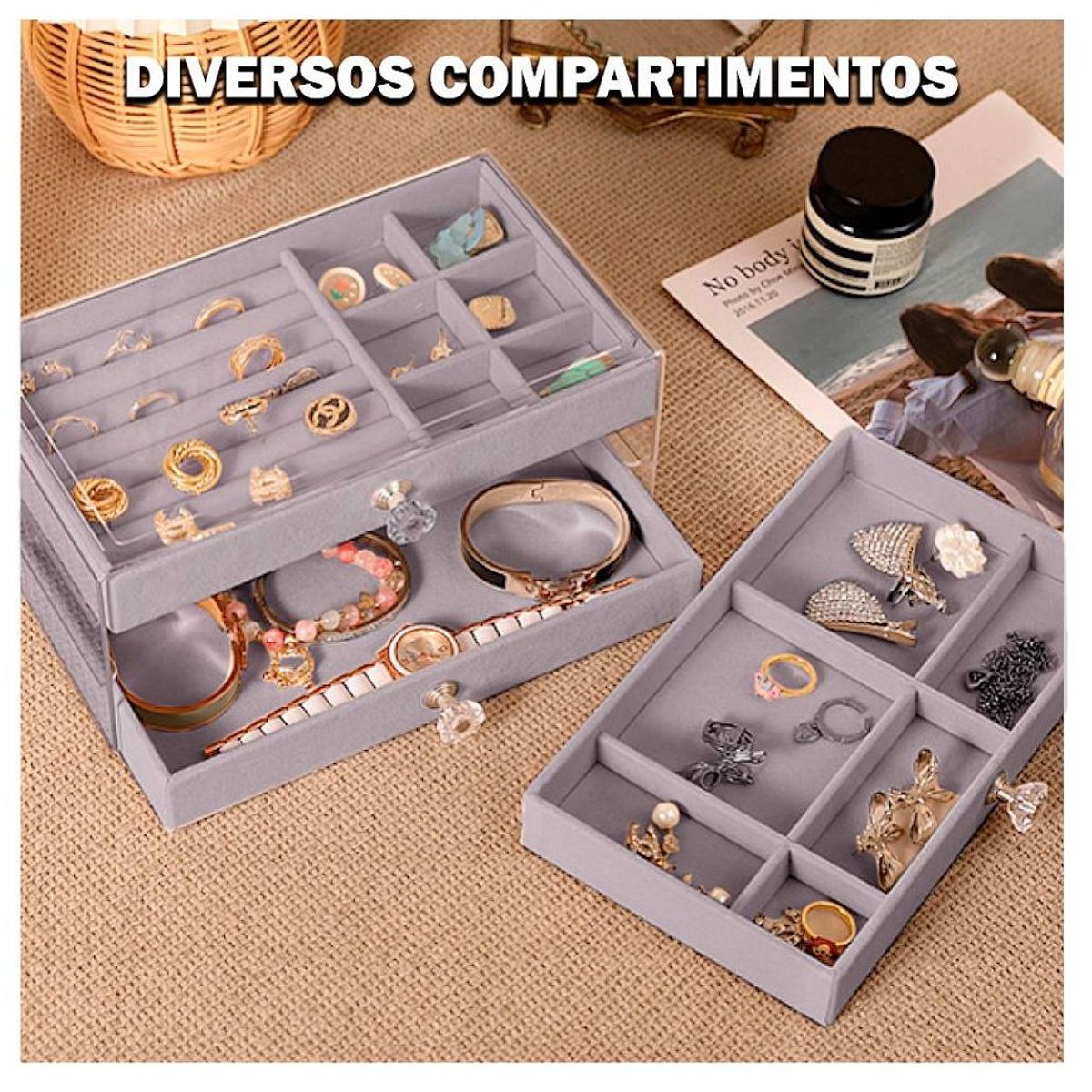 GENERICO - Organizador Acrílico para Joyas, Transparente con 3 Cajones  Gris