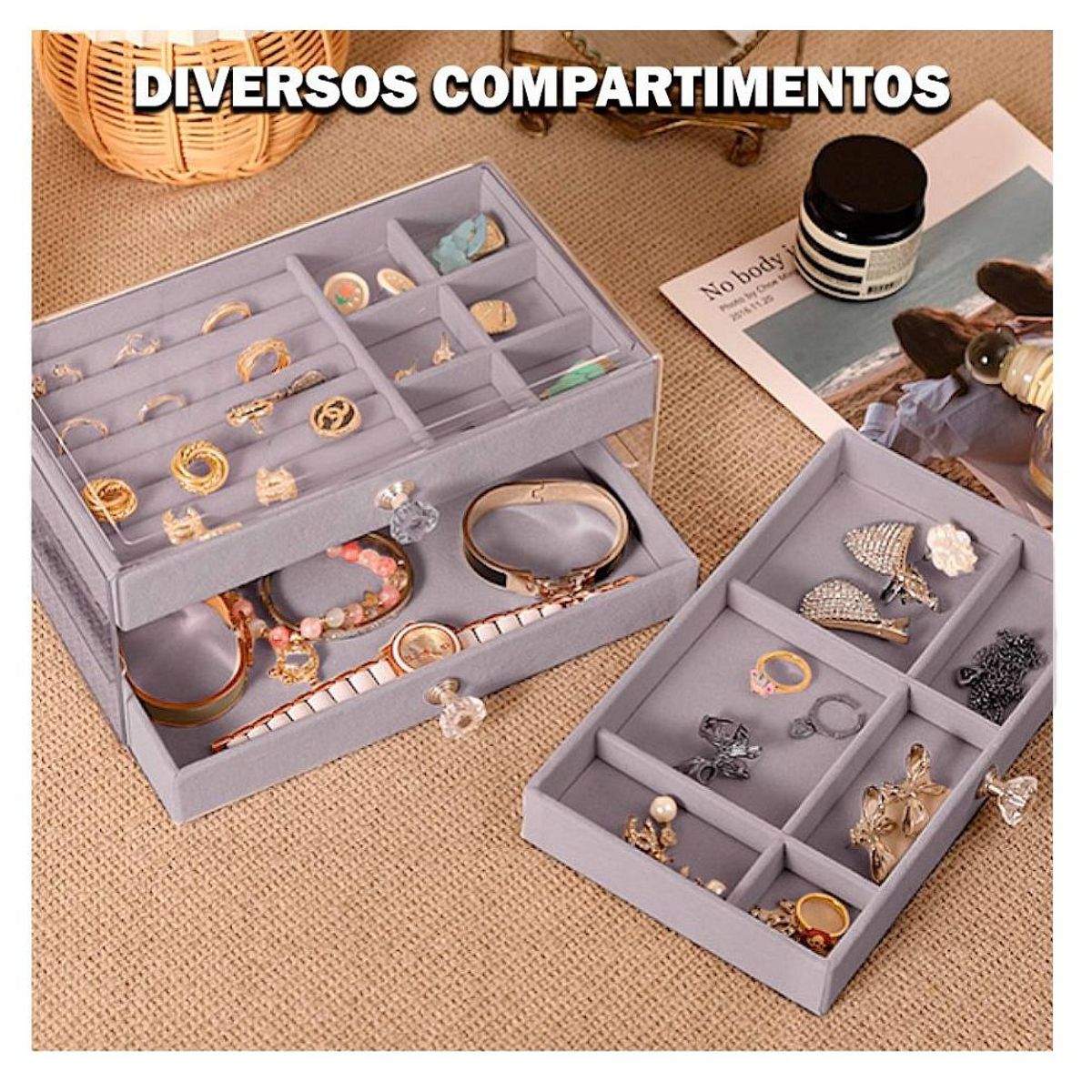 GENERICO - Organizador Acrílico para Joyas, Transparente con 3 Cajones  Gris