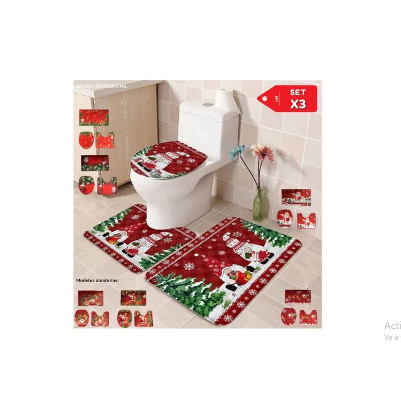 GENERICO - Juego x3 de tapete de baño navideño con estampado para inodoro