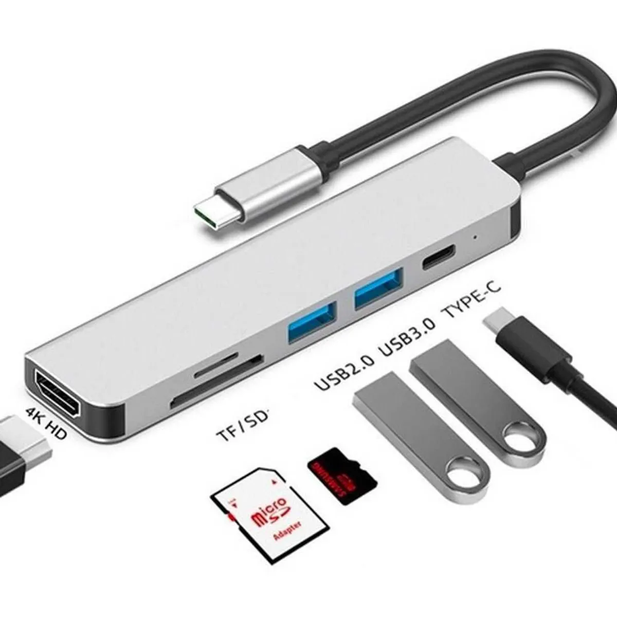 GENERICO - Adaptador Hub 6 en 1 Tipo C a HDMI, SD, TF, USB x2, PD tipo C