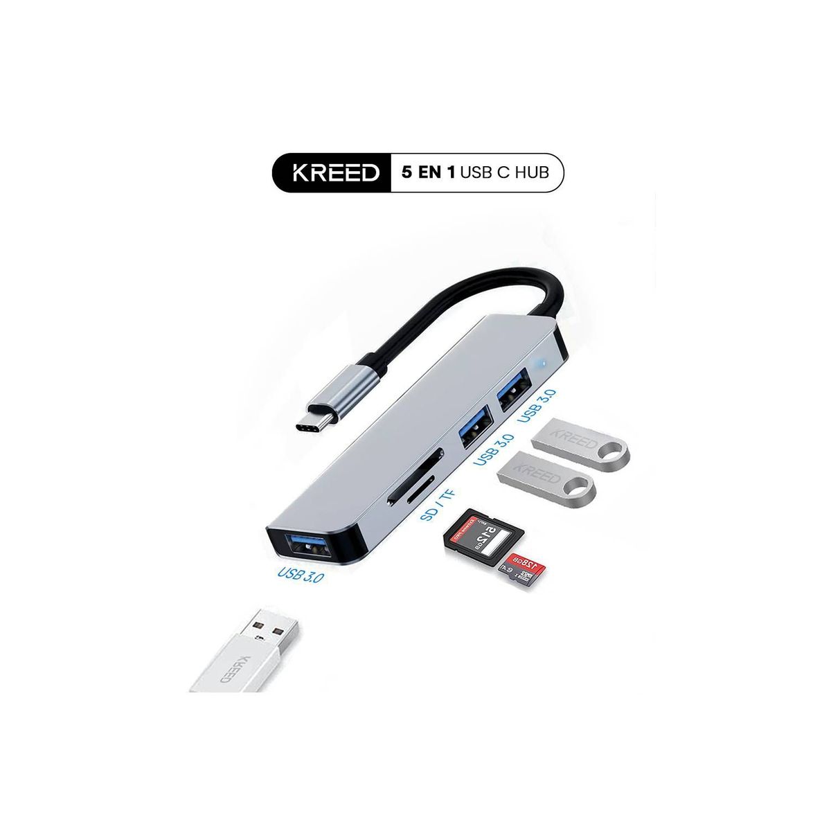 GENERICO - Adaptador Hub 5 en 1 tipo C a Micro SD, TF, USB X3