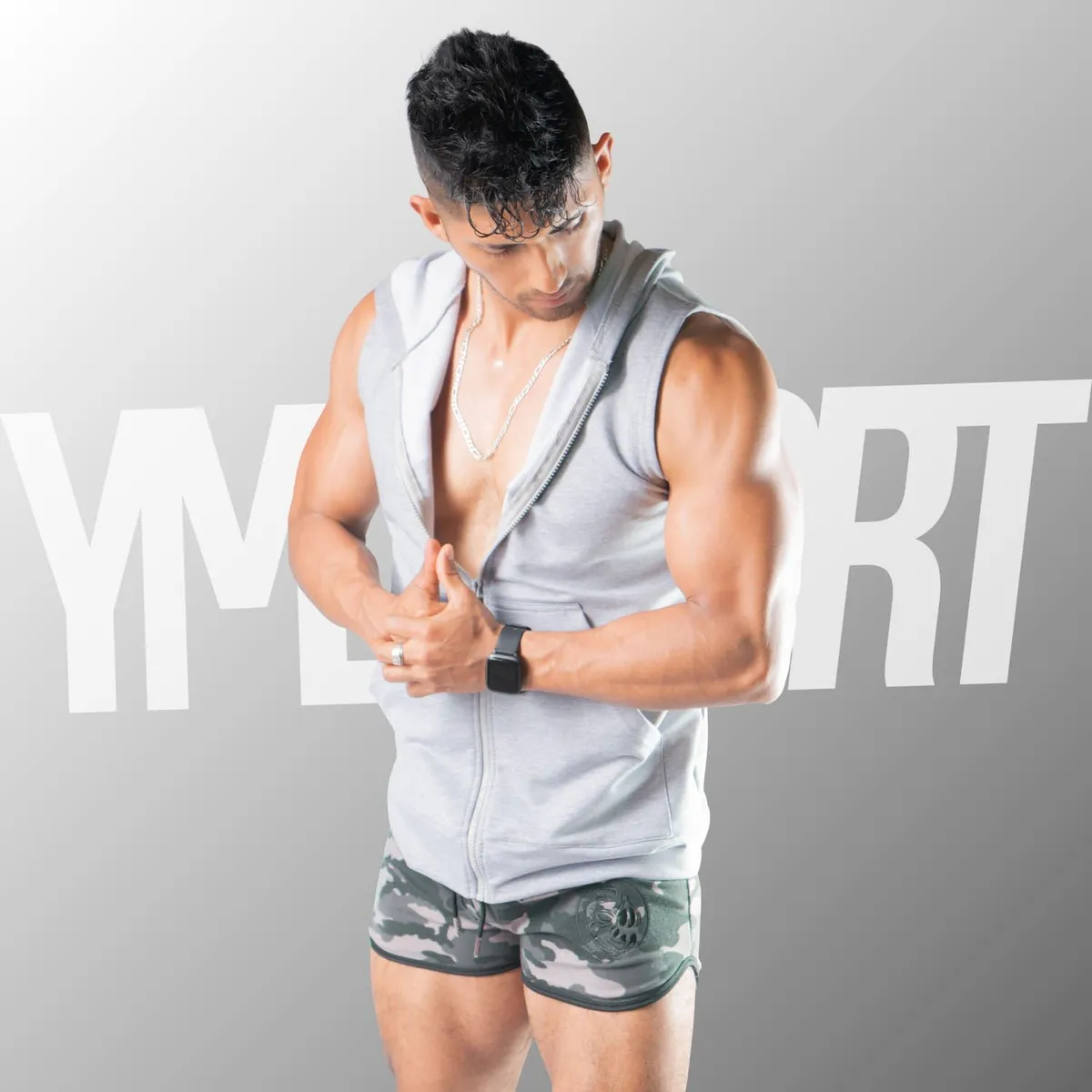 YML SPORT - Chaleco con Capucha Hombre - Chaleco GYM Plomo Plata - YML SPORT