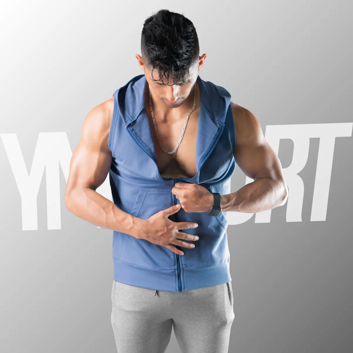 YML SPORT - Chaleco con Capucha Hombre - Chaleco GYM Acero - YML SPORT
