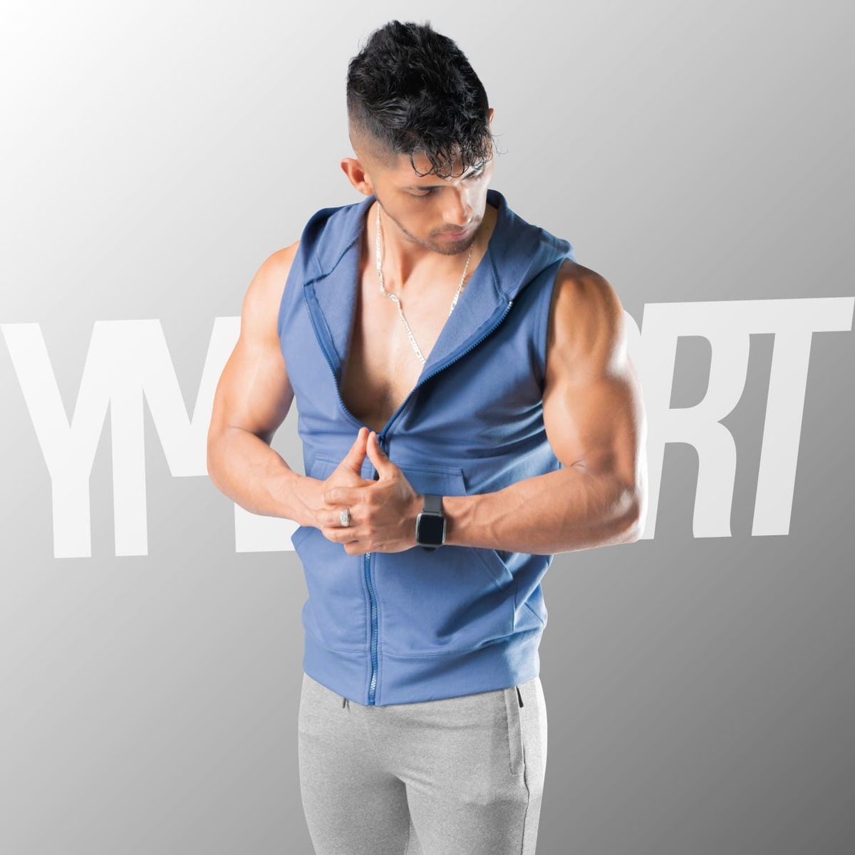 YML SPORT - Chaleco con Capucha Hombre - Chaleco GYM Acero - YML SPORT