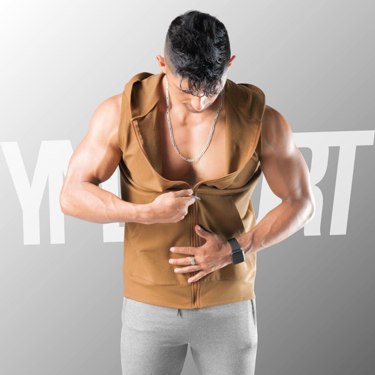 YML SPORT - Chaleco con Capucha Hombre - Chaleco GYM Caqui - YML SPORT