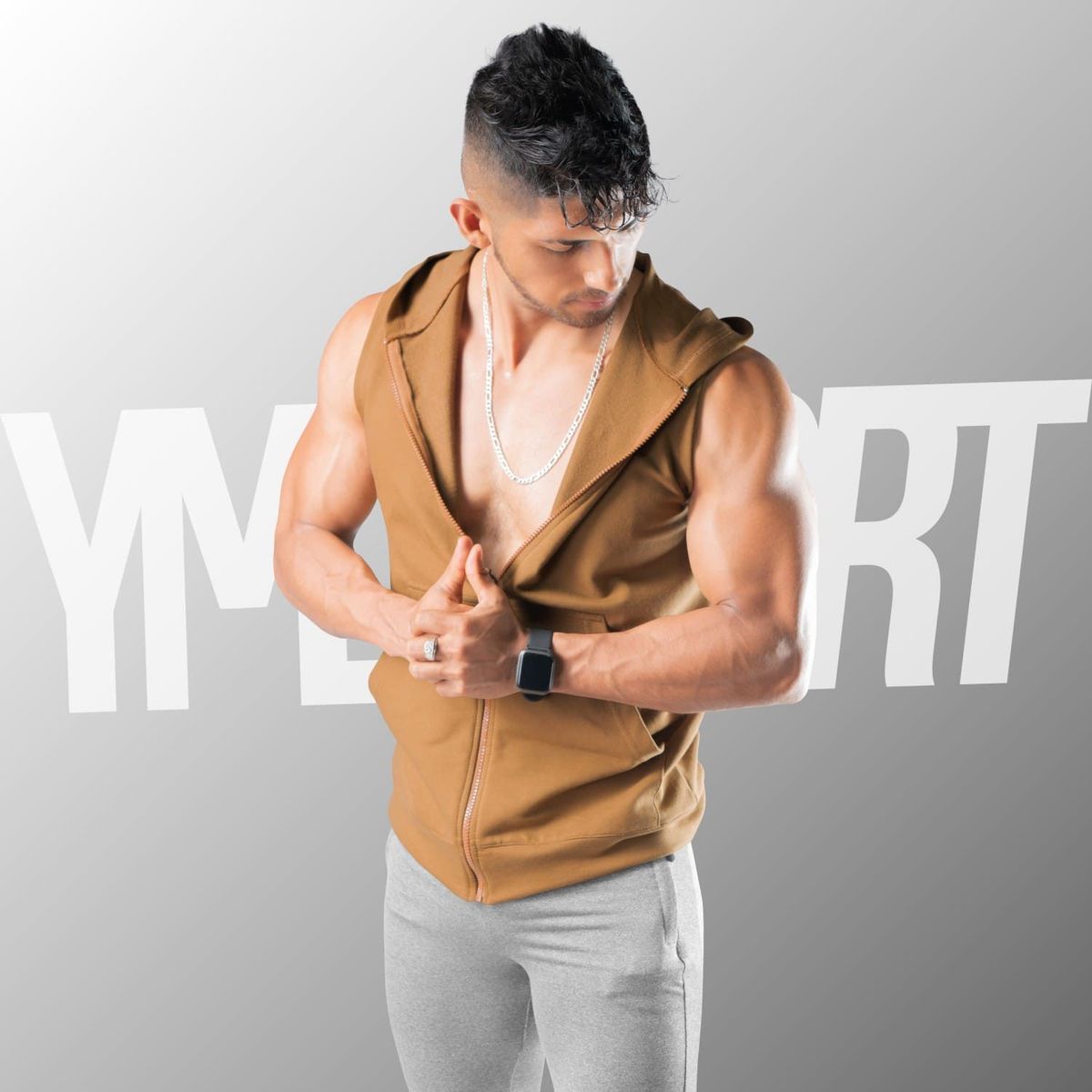 YML SPORT - Chaleco con Capucha Hombre - Chaleco GYM Caqui - YML SPORT