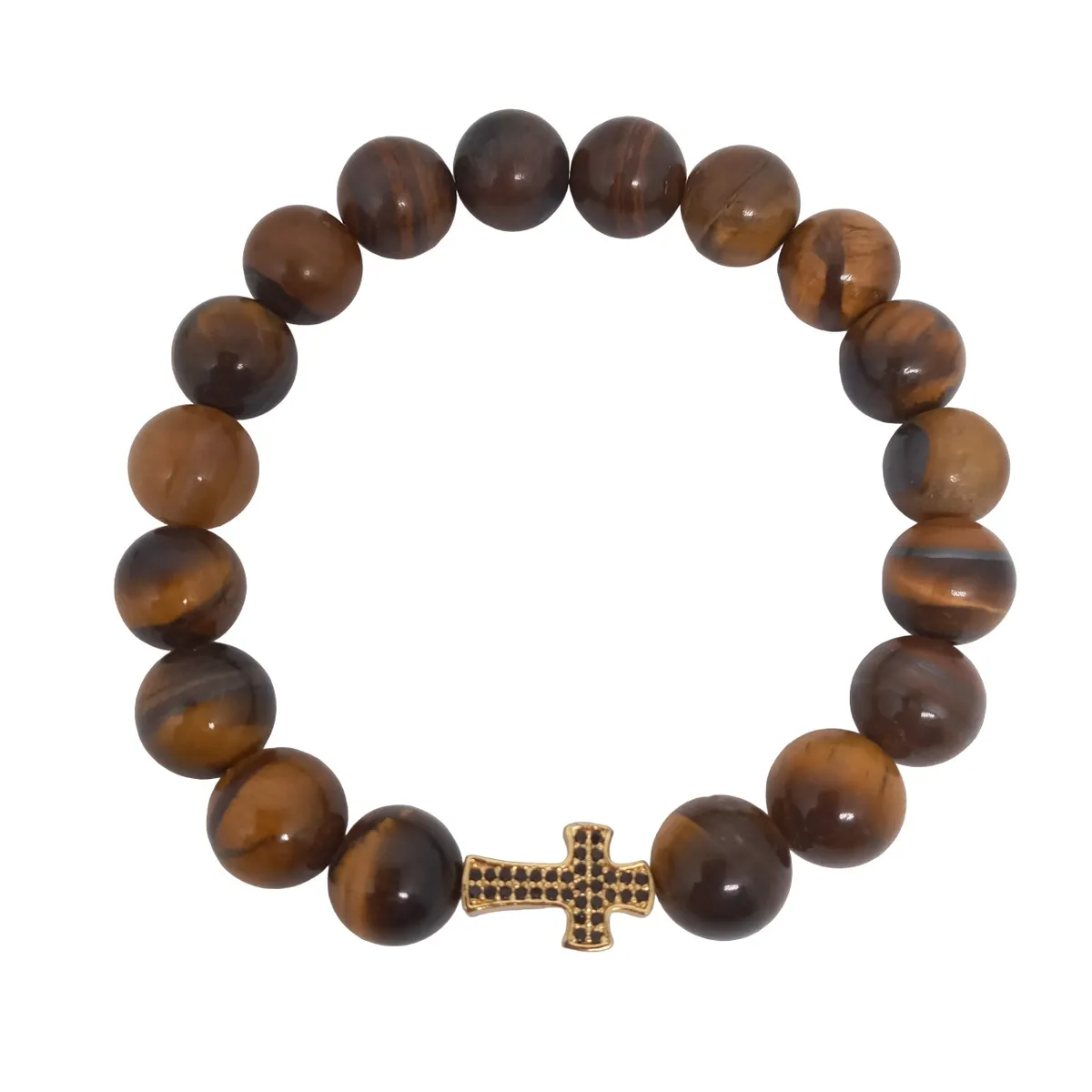 LUCYANA JOYAS Y ACCESORIOS - Pulsera Hombre Cruz Crucifijo y Ojo de Tigre Marrón - Joyas Lucyana