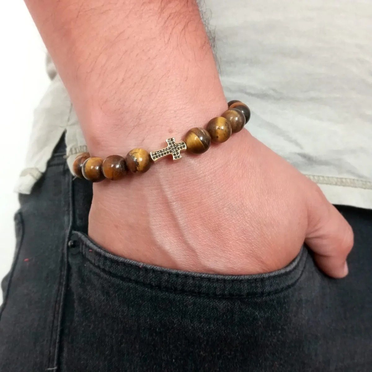 LUCYANA JOYAS Y ACCESORIOS - Pulsera Hombre Cruz Crucifijo y Ojo de Tigre Marrón - Joyas Lucyana