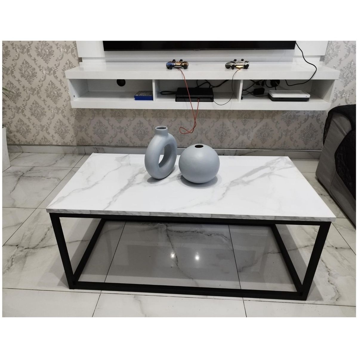 GENERICO - Mesa de centro textura marmól brillante 80x50x40 alt