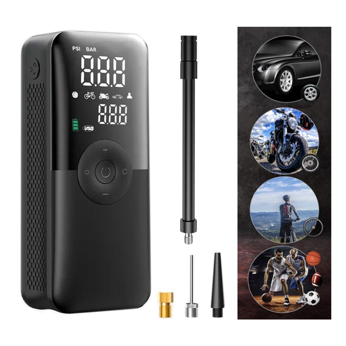 SEISA - Inflador 3 En 1 para Auto Moto Bicicleta y Balones Powerbank