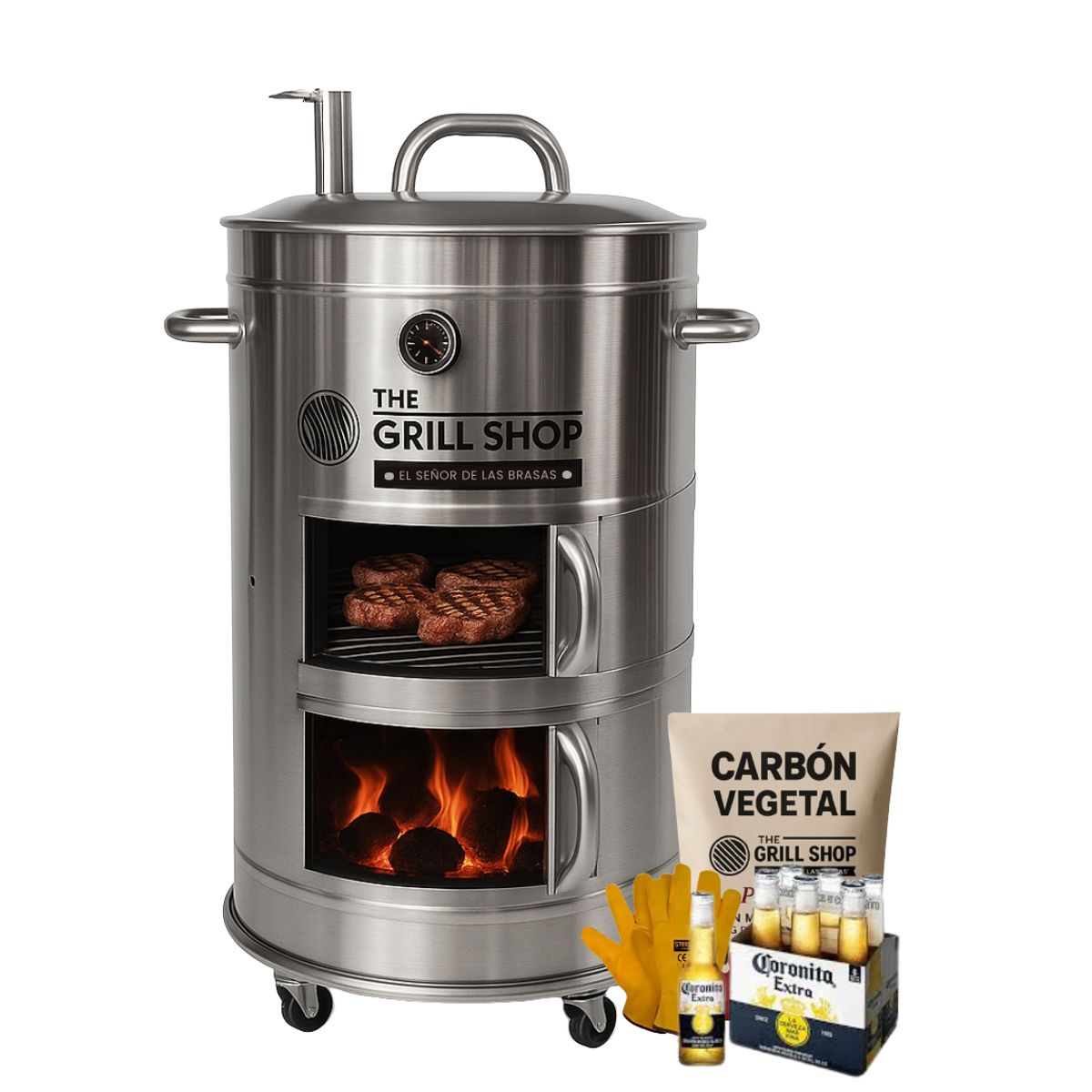 THE GRILL SHOP - Cilindro Parrillero Mediano Acero Inoxidable Guantes carbón cerveza