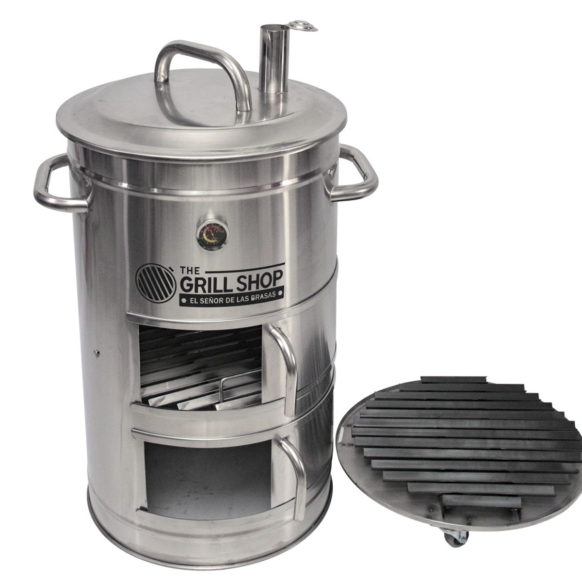 THE GRILL SHOP - Cilindro Parrillero Mediano Acero Inoxidable Guantes carbón cerveza