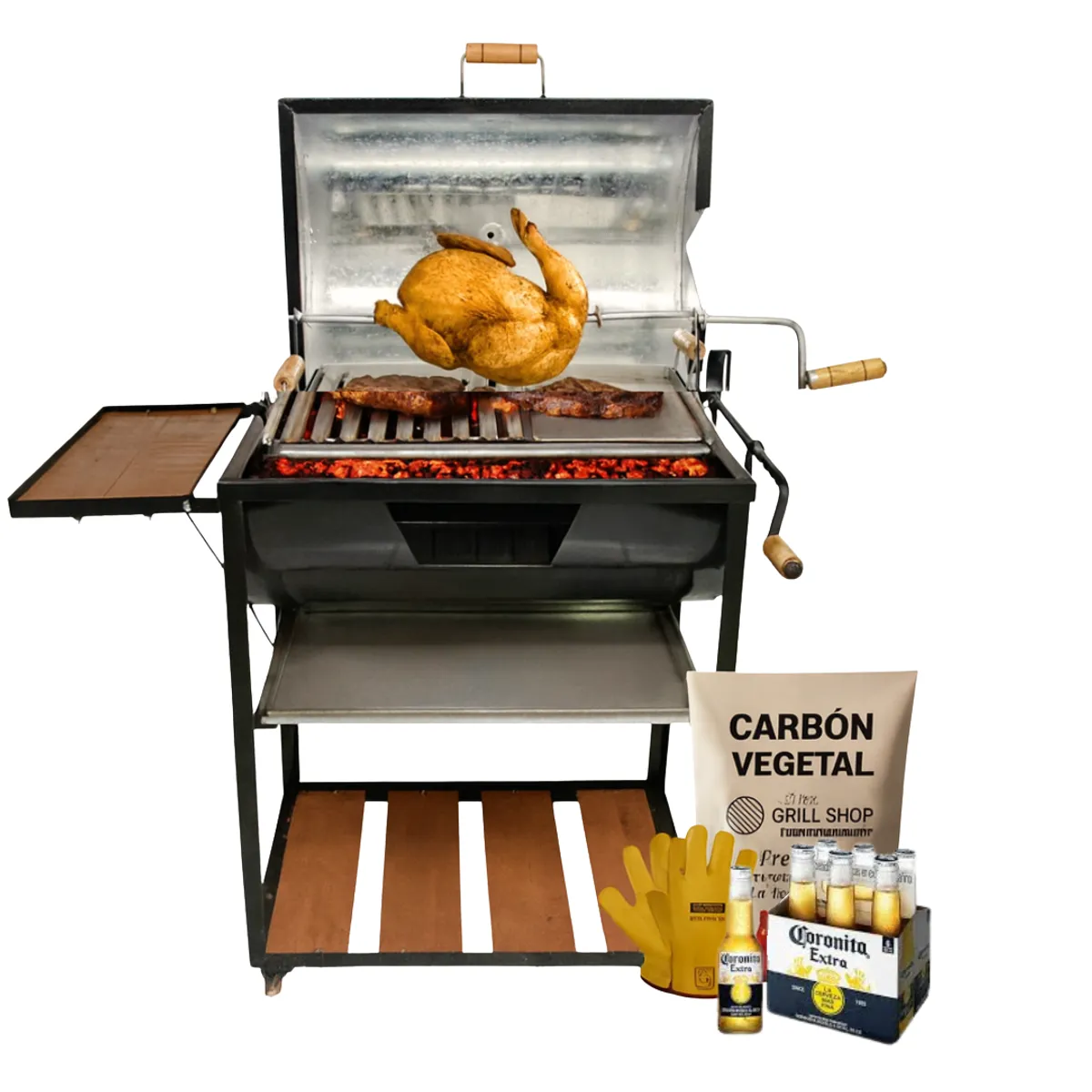 THE GRILL SHOP - Parrilla Levadiza Cilíndrica con Tapa  2 en 1 Guantes carbón cerveza