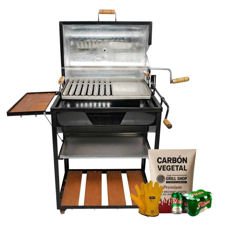 THE GRILL SHOP - Parrilla Levadiza Cilíndrica con Tapa  2 en 1 Guantes carbón cerveza