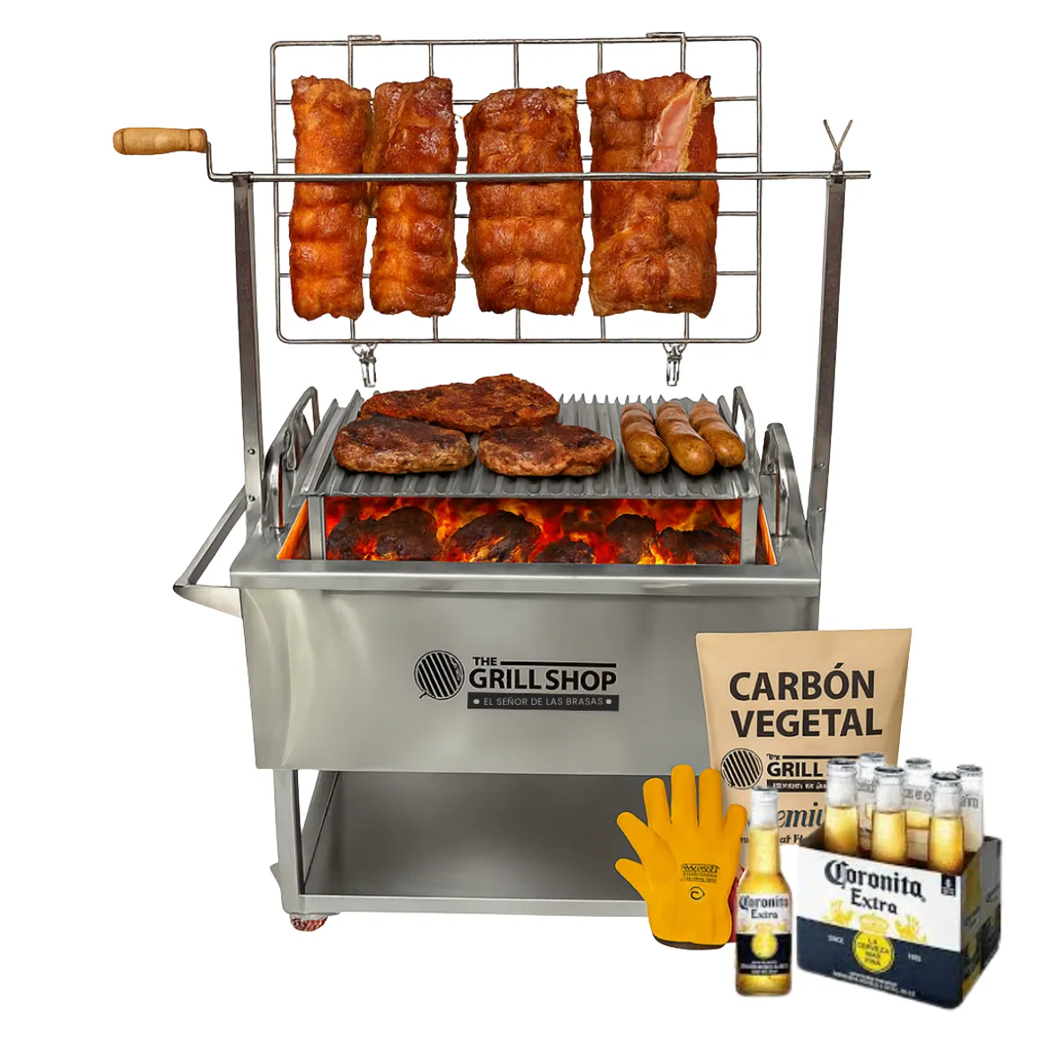 THE GRILL SHOP - Caja China Mediana 3 en 1 Acero inoxidable Guantes carbón cerveza