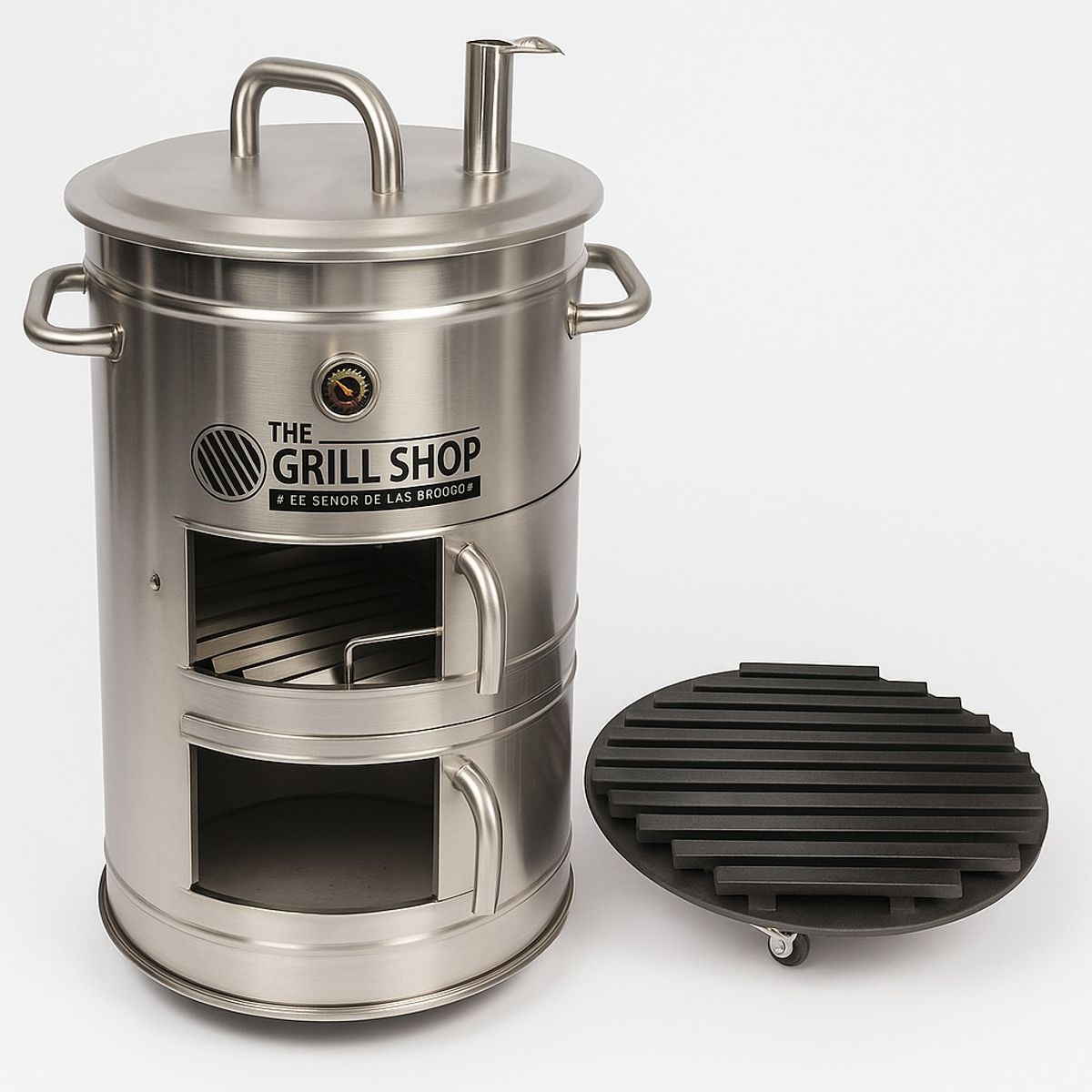 THE GRILL SHOP - Cilindro Parrillero Acero Inoxidable Grande +cerveza +guantes +carbón