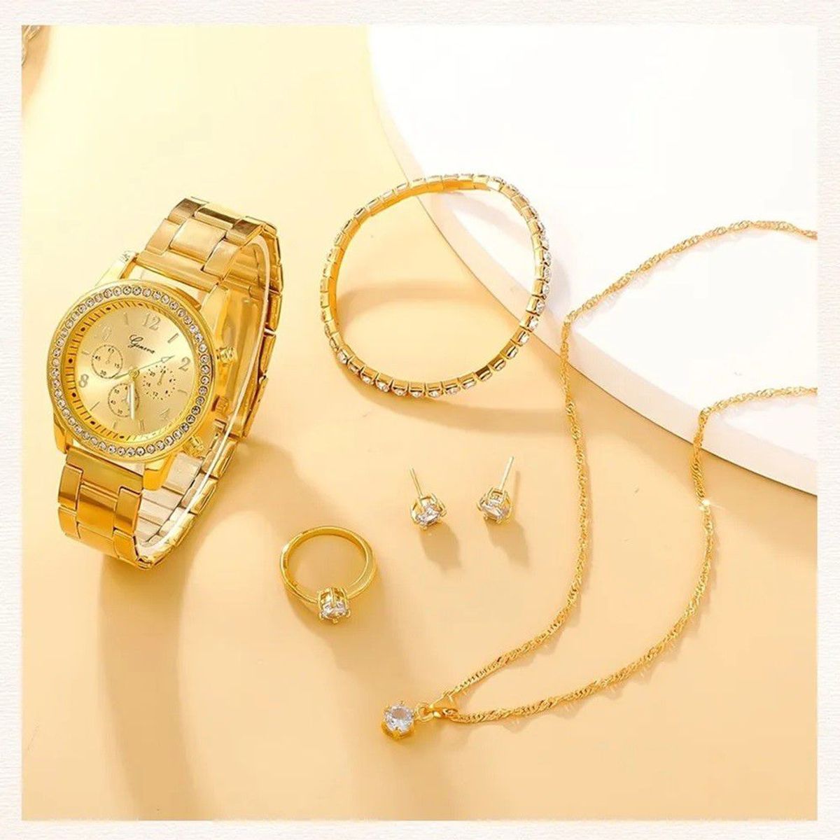 GENEVA - Pack 6 Piezas Reloj Lujo Collar Pulsera Aretes Anillo Mujer Genieka_.