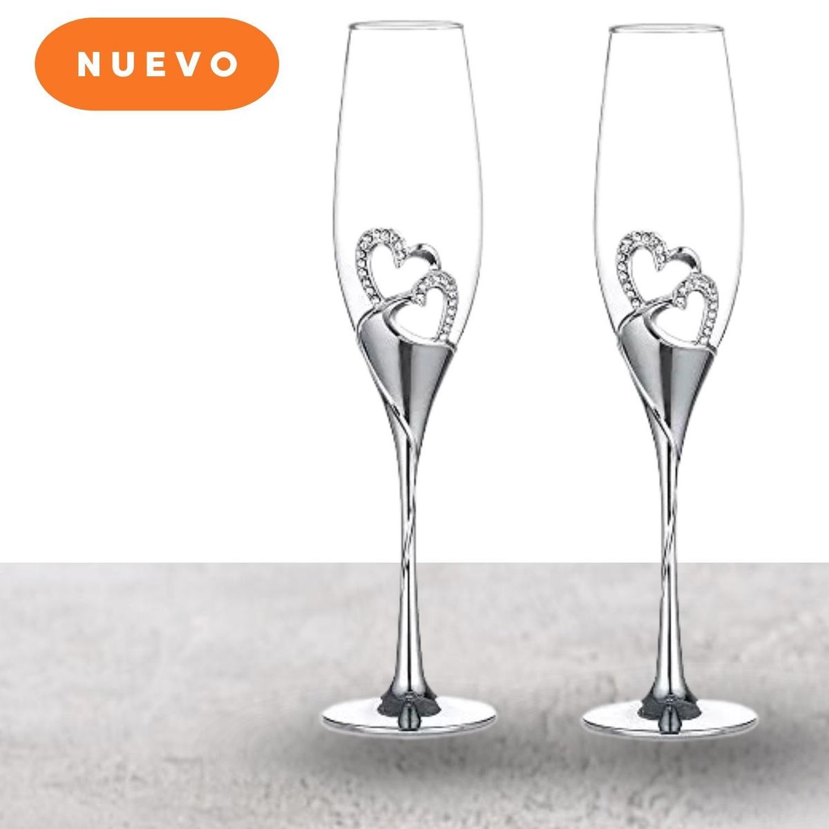 GENERICO - Copas elegantes brindis champaña pareja novios aniversario Plata