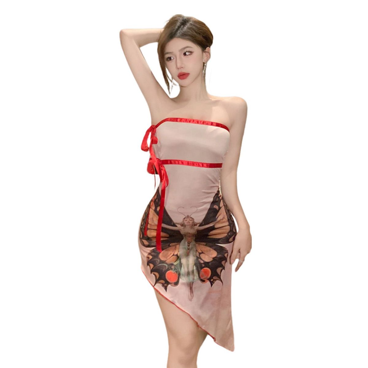 DENISASAA - Vestido con estampado niña mariposa estilo retro y diseño irregular