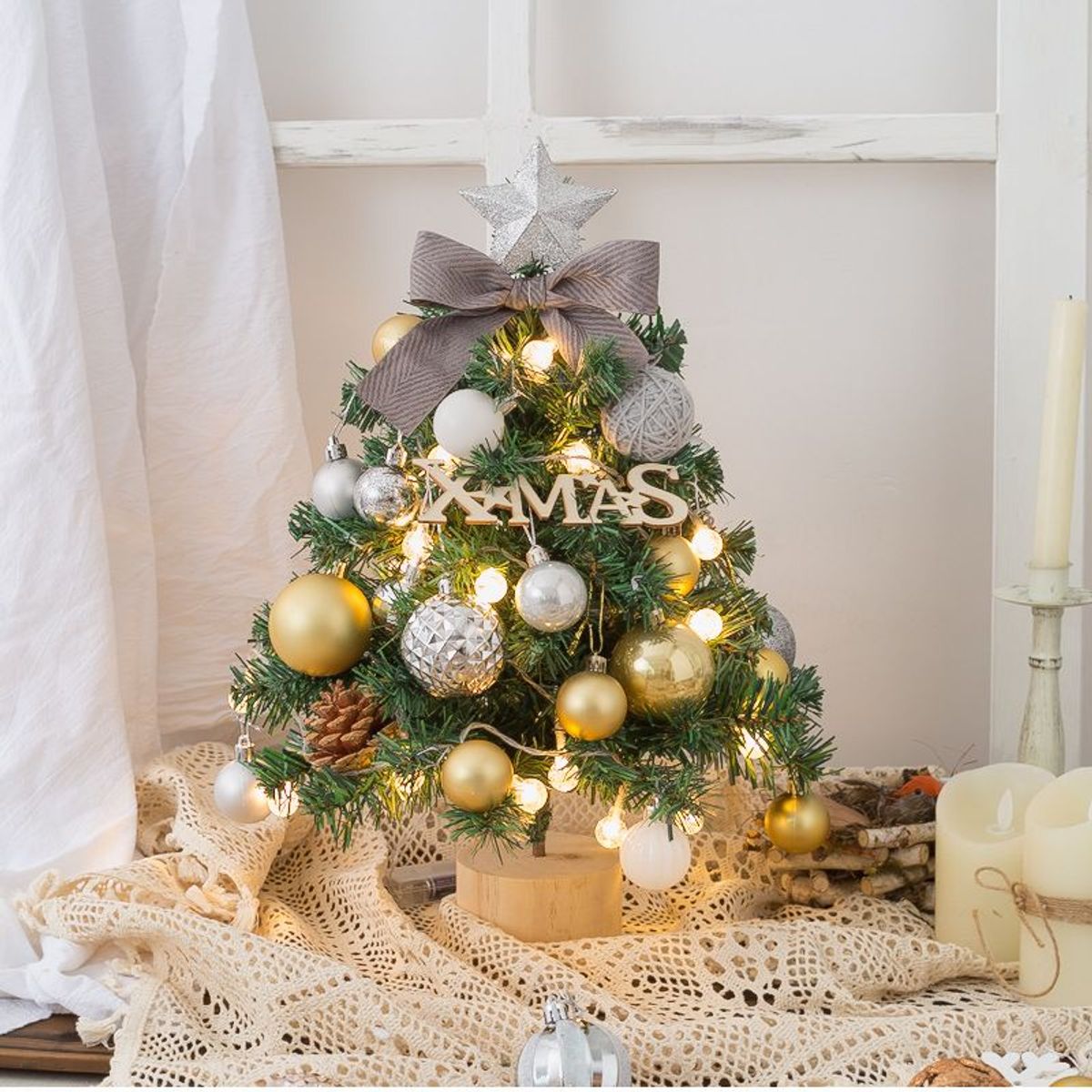 VATYERTY - Mini Árbol de Navidad Decorado con Luces oro