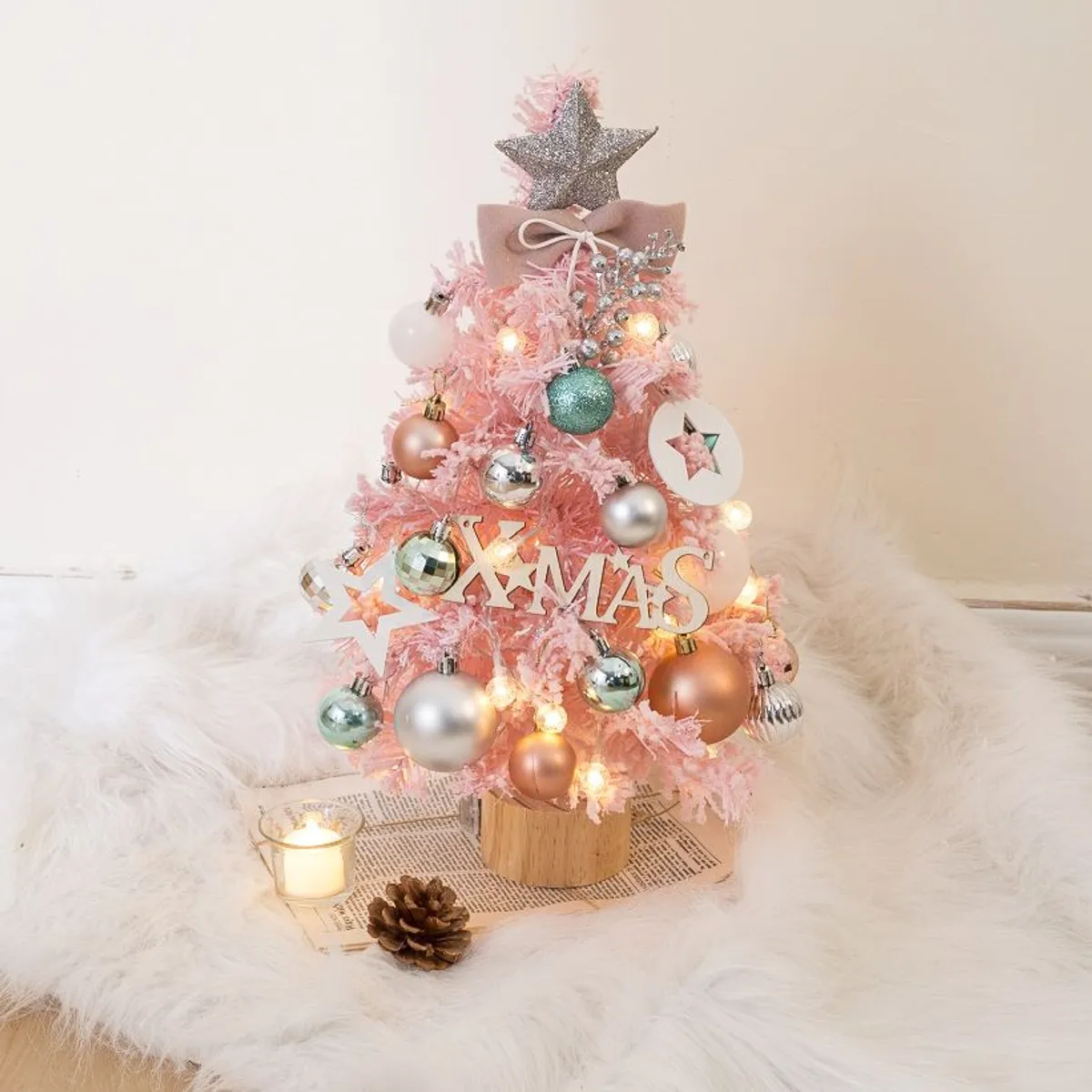 VATYERTY - Mini juego de árbol de Navidad pvc brillante de escritorio rosa 50cm