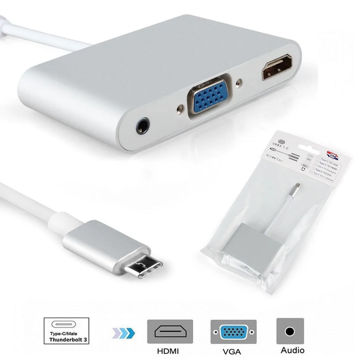 GENERICO - Convertidor Tipo C a Hmdi 4k VGA con Audio 3.5mm 3 en 1 Multiport hub