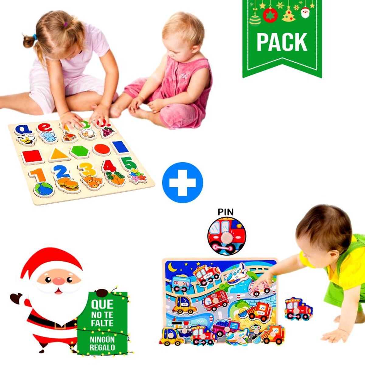 GENERICO - Pack  2 Rompecabezas - Vocales Formas Números y Transportes