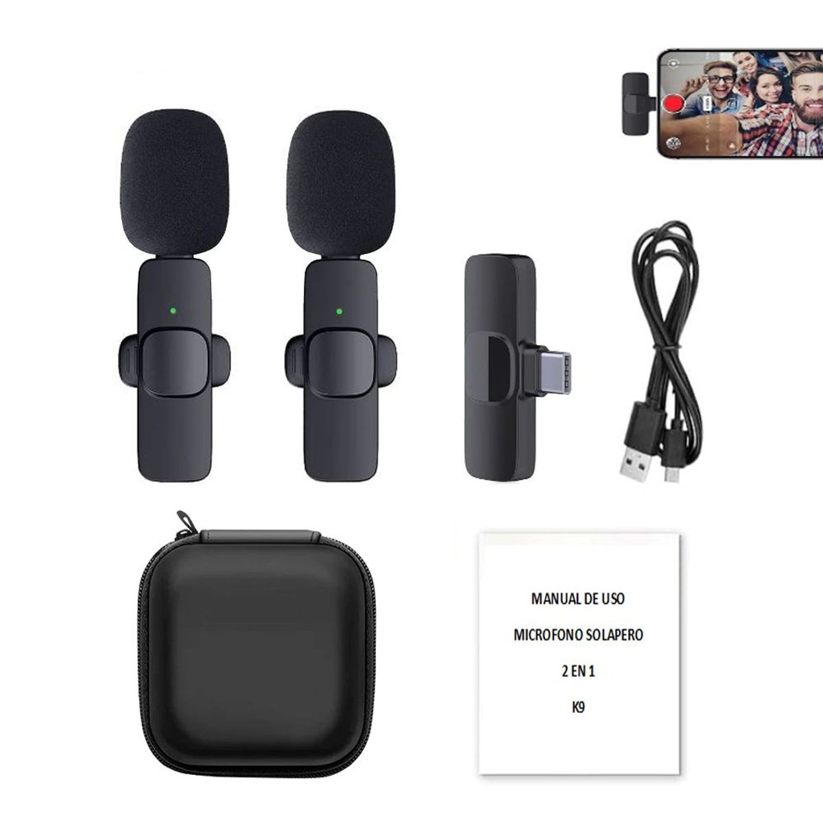 OEM - Micrófonos Inalámbricos solaperos 2 en 1 K9 Tipo C con estuche