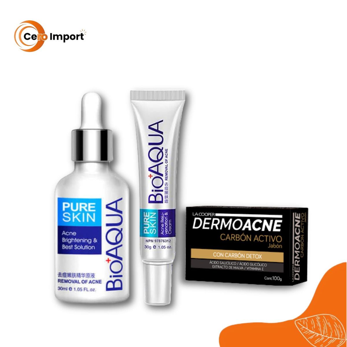 BIOAQUA - Pack 2 Cremas AntiAcné Bioaqua y Jabon Dermoacne Activado LaCooper