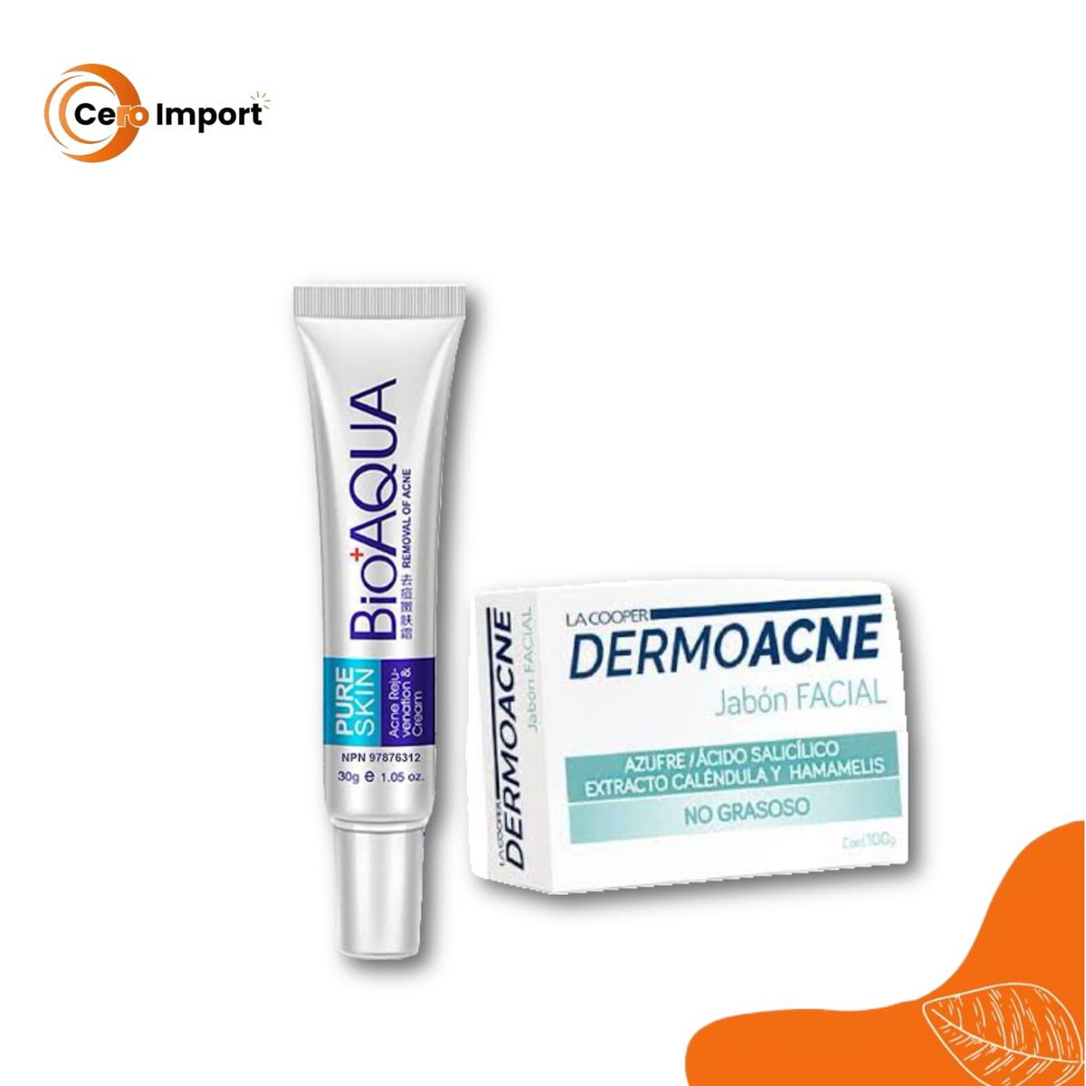 BIOAQUA - Pack Crema AntiAcné Bioaqua y Jabon Dermoacne Jarbon Facial LaCooper