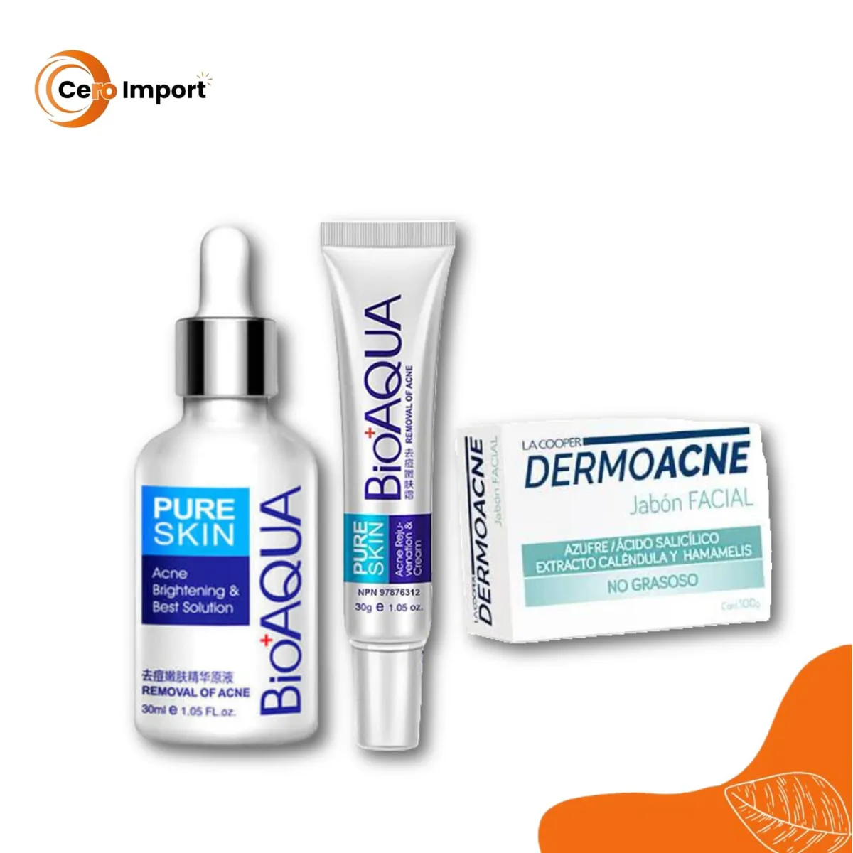 BIOAQUA - Pack 1 Serum y Crema AntiAcné - Jabon Dermoacne Facial LaCooper