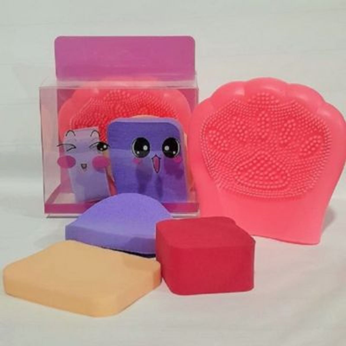 GENERICO - Set 3 Esponjas Maquillaje + Mini Guante Facial Exfoliador Patita Gato
