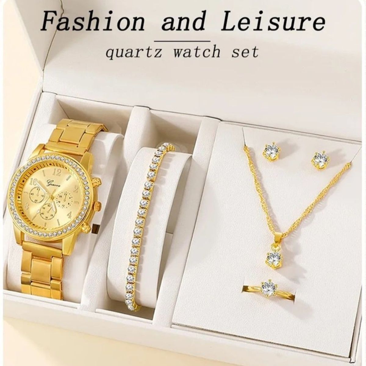 GENEVA - Pack 6 Piezas Reloj Lujo Anillo Aretes Pulsera  Collar   Mujer Genieka_.