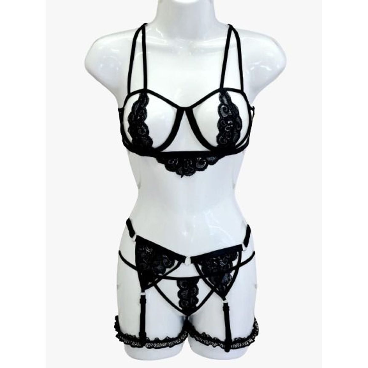 GENERICO - Conjunto 5PZ Lenceria Portaligas de Encaje BERLIN Negro DE ALCOBA