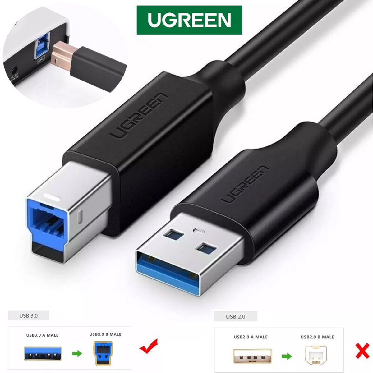 UGREEN - Cable USB 3.0 para impresora USB B UGREEN 2 Metros 480Mbs