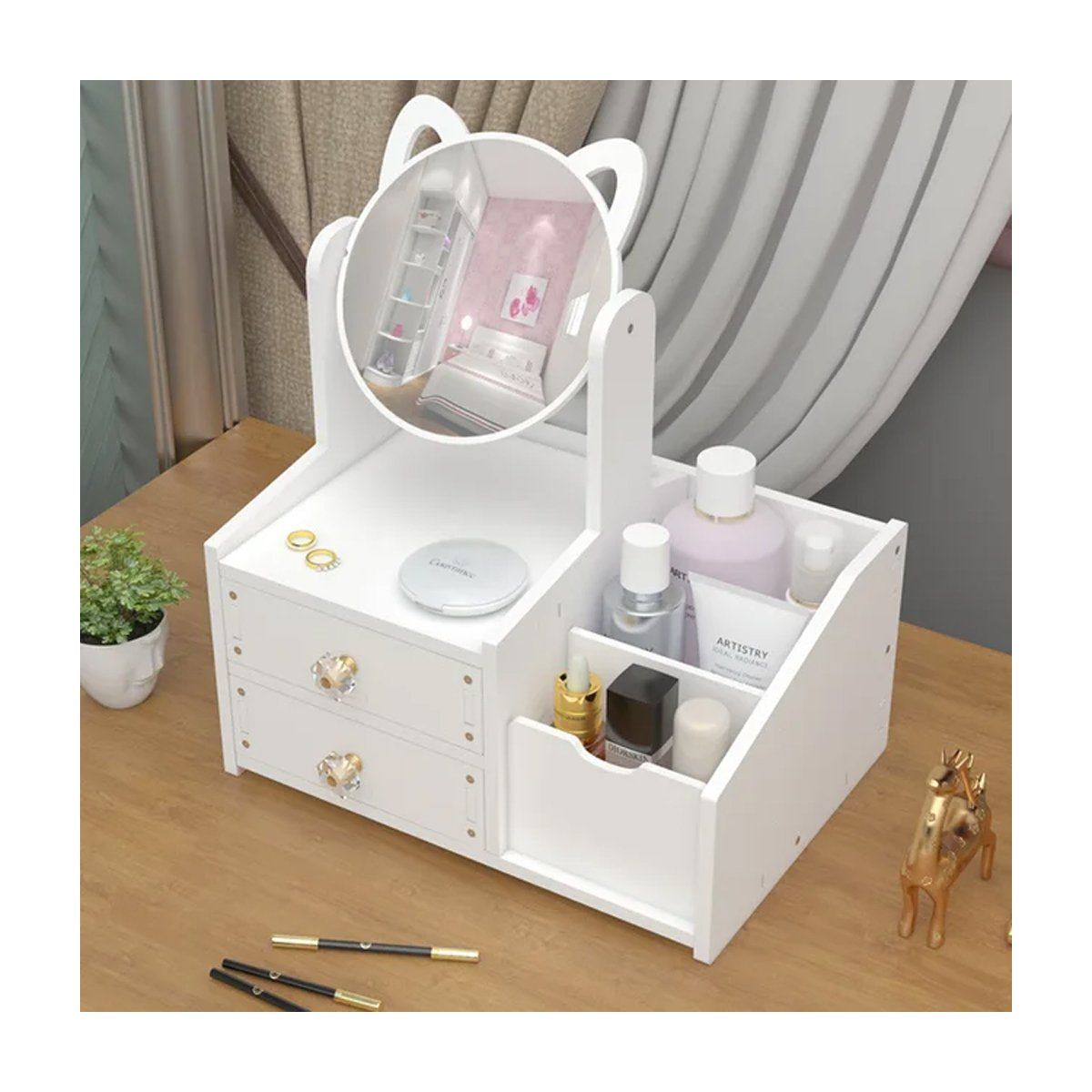 GRETAIL - Organizador De Maquillaje Cosméticos Joyas Con Espejo Madera 2 Cajones