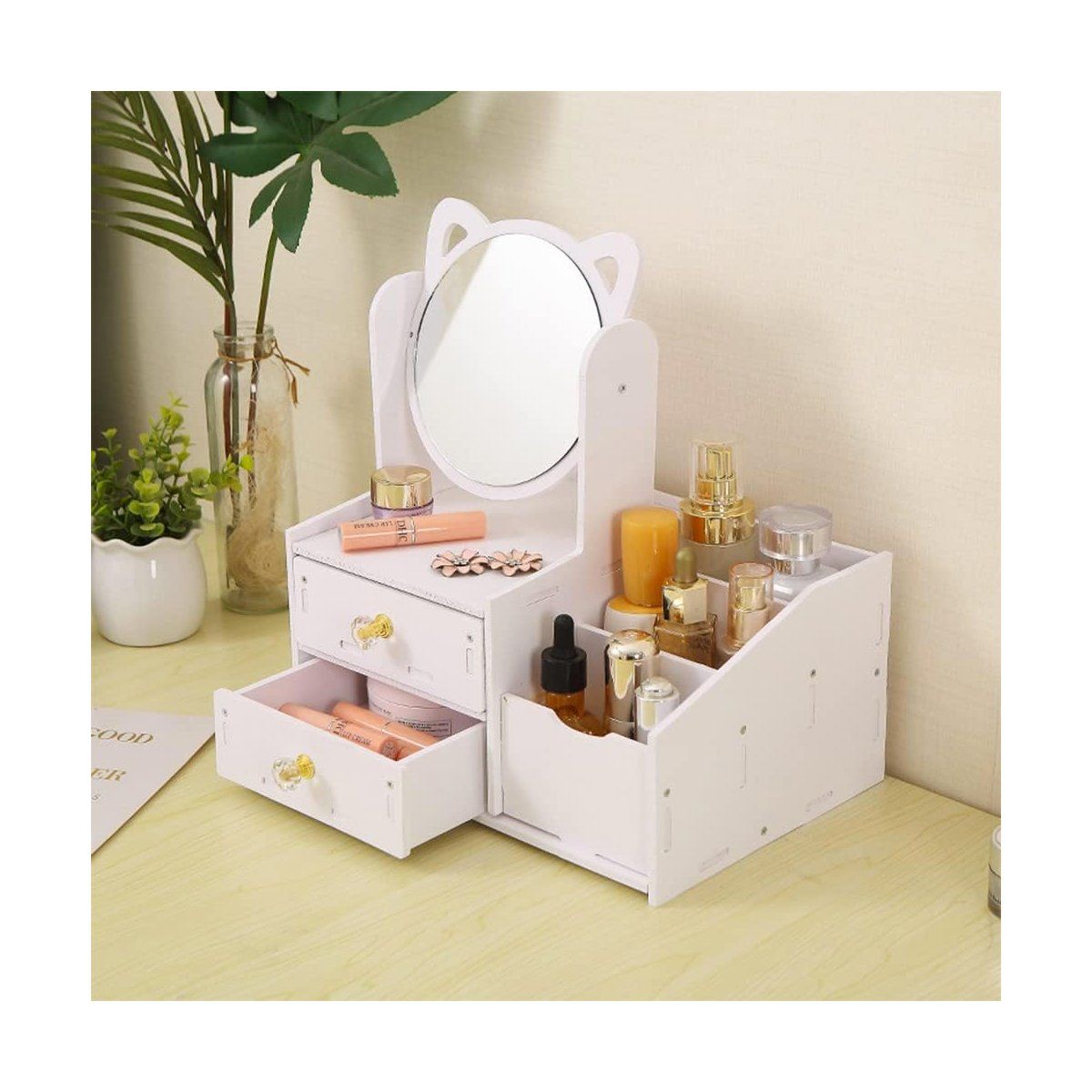 GRETAIL - Organizador De Maquillaje Cosméticos Joyas Con Espejo Madera 2 Cajones