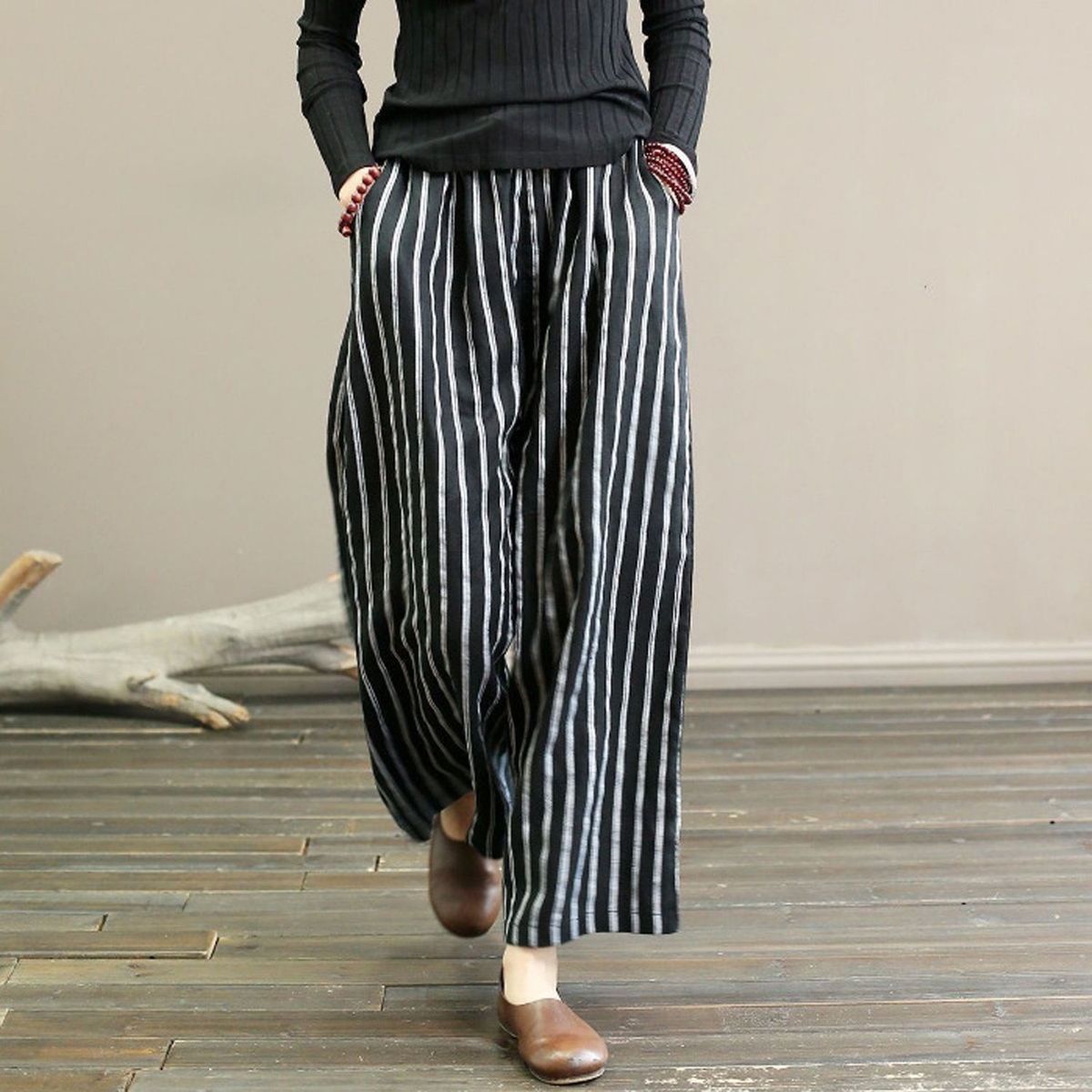 DENISASAA - Pantalones anchos pantalones rectos casuales a rayas retro