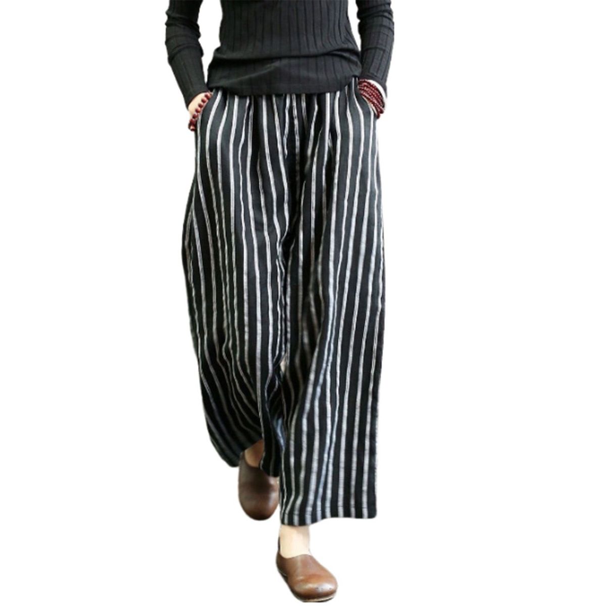 DENISASAA - Pantalones anchos pantalones rectos casuales a rayas retro