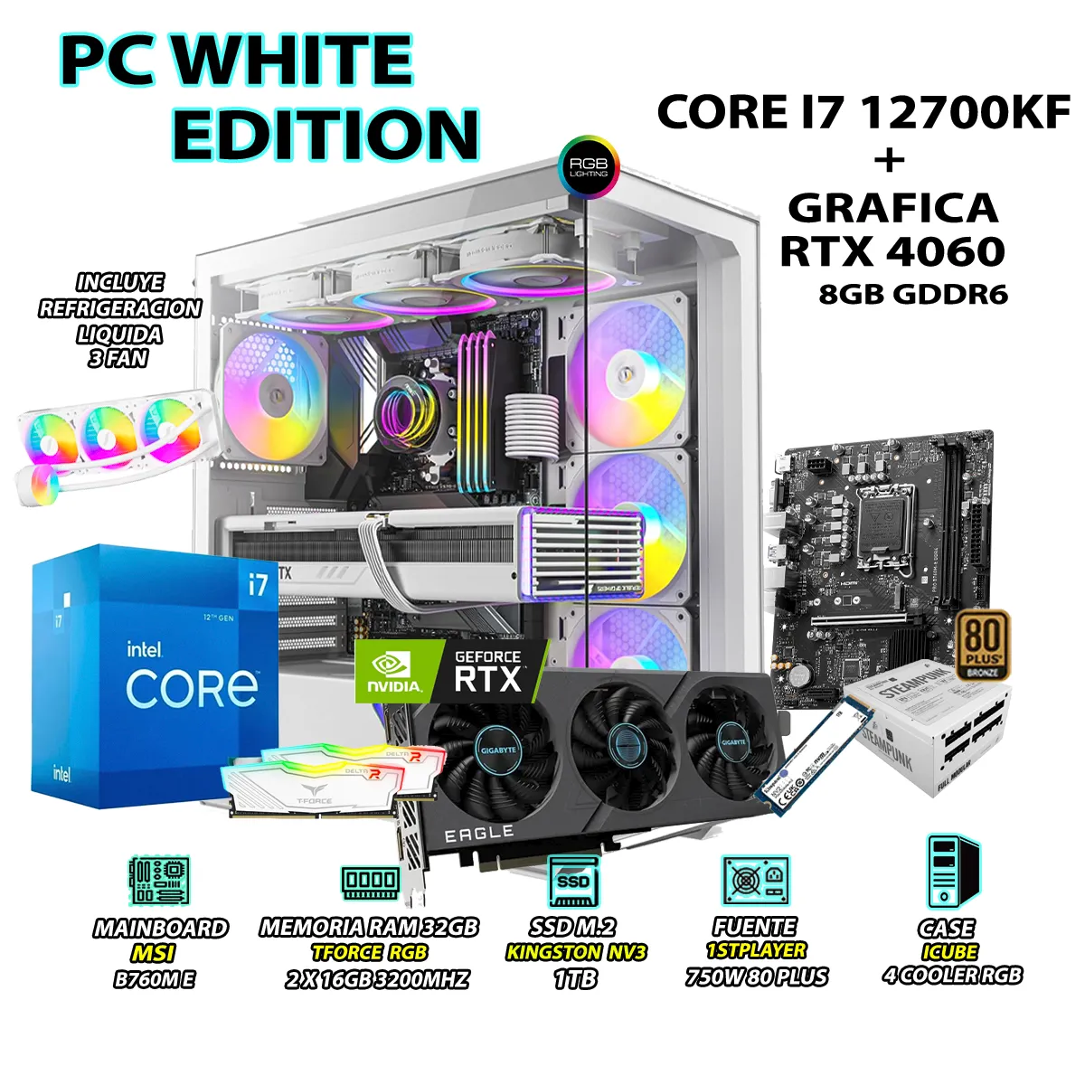 INTEL - Computadora PC Gamer Core i7 12700KF RAM 32GB SSD 1TB GRAFICA RTX 4060 8GB