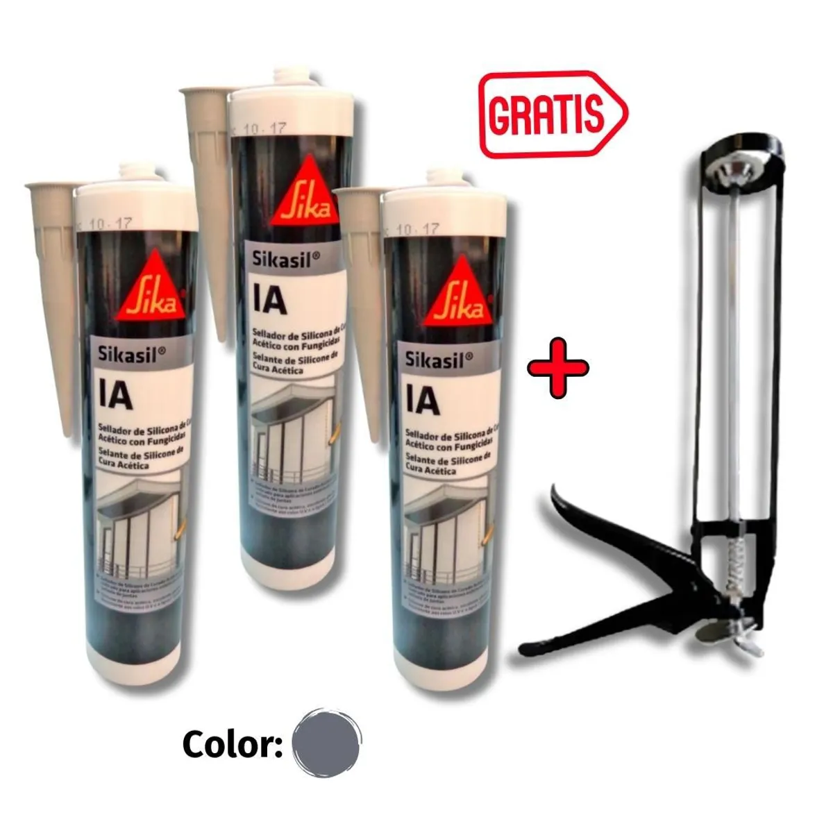 SIKA - Pack por 3 Siliconas Antihongos Sikasil IA Gris 280ml GRATIS Pistola