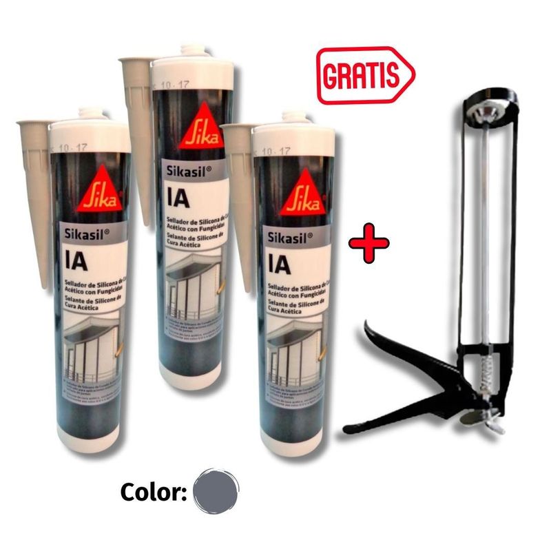 SIKA - Pack por 3 Siliconas Antihongos Sikasil IA Gris 280ml GRATIS Pistola