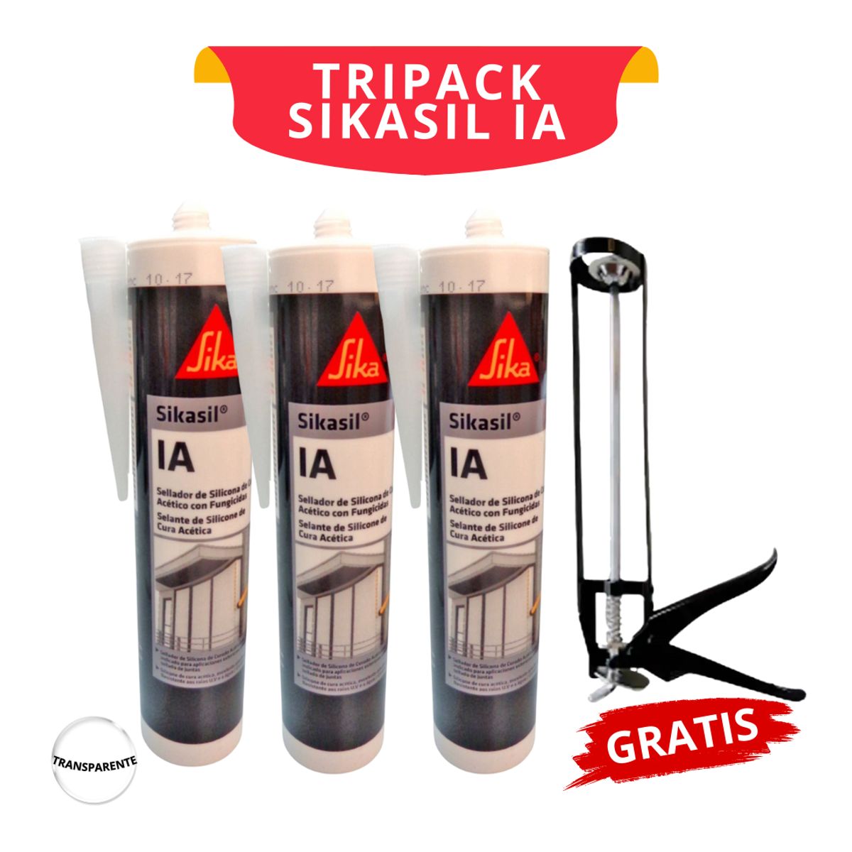 SIKA - 3 Siliconas Antihongos Sikasil IA Transparente 280ml GRATIS Aplicador