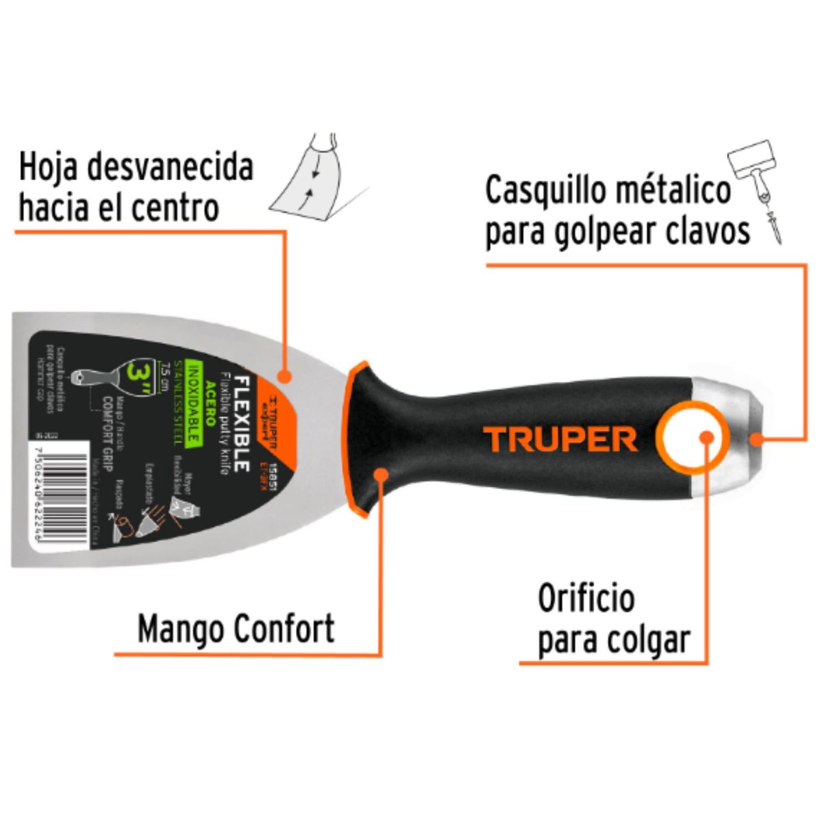 TRUPER - Espátula 3 PULGADAS acero inox mango Comfort Grip TRUPER Expert