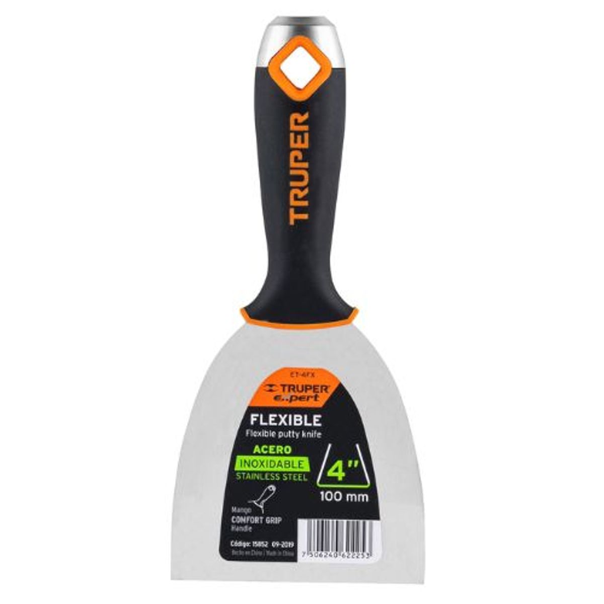 TRUPER - Espátula masillador 4 pulgadas acero inox mango Comfort Grip Expert