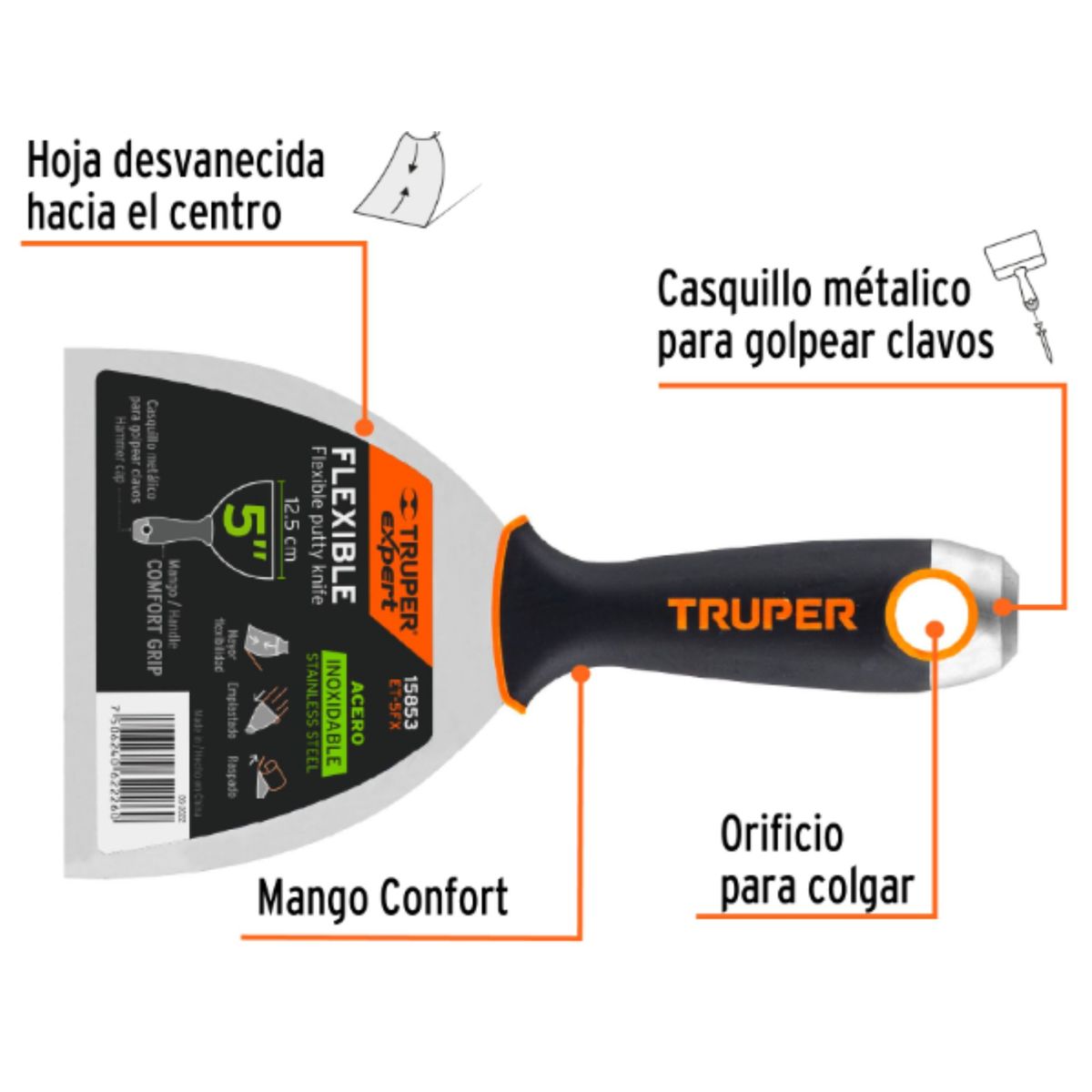 TRUPER - Espátula masillador 5 pulgadas acero inox mango Comfort Grip Expert