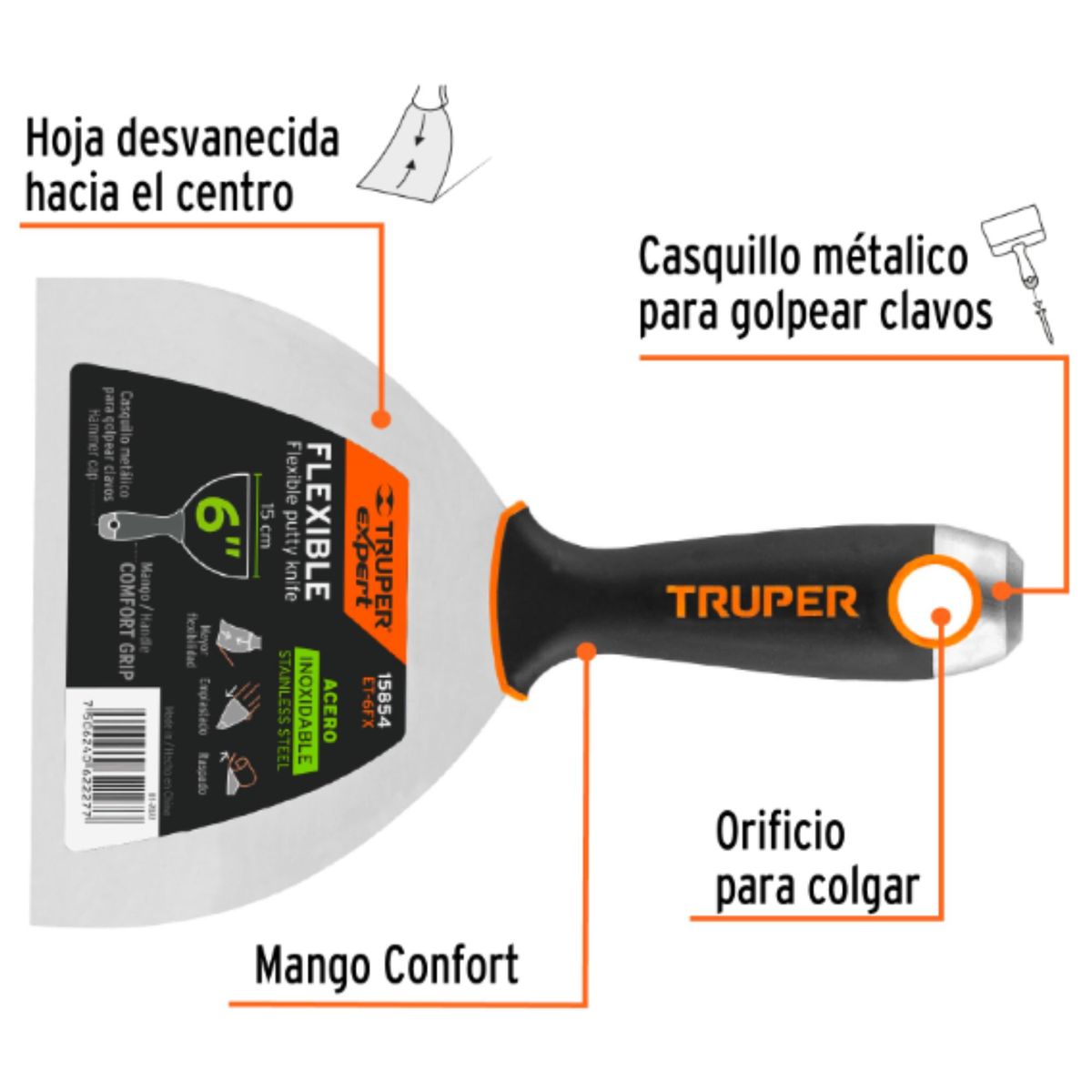 TRUPER - Espátula masillador 6 pulgadas acero inox mango Comfort Grip, Expert