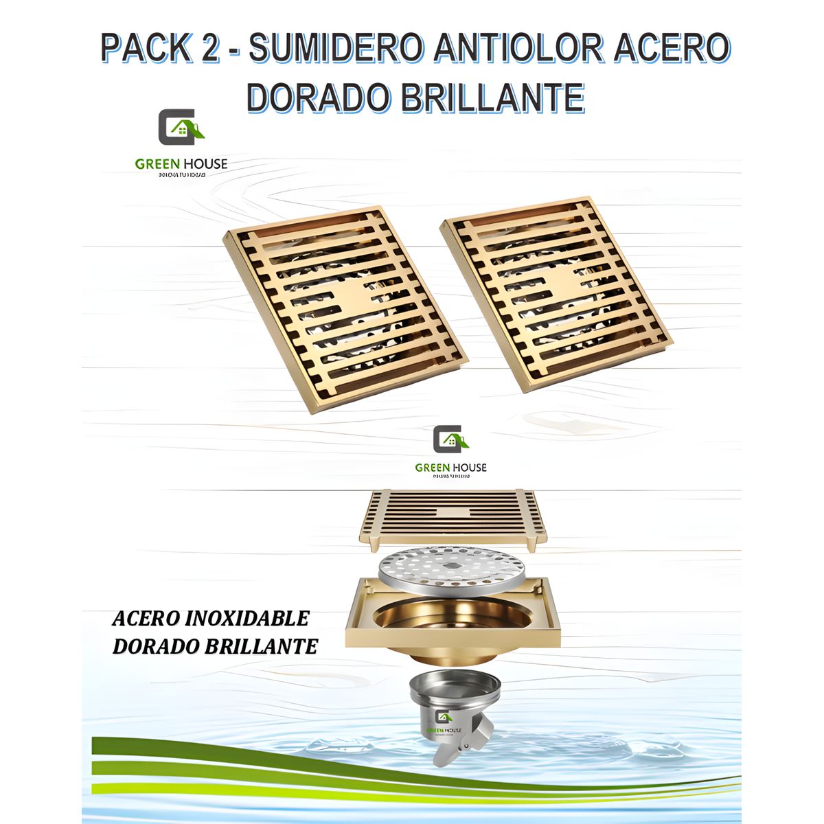 GREEN HOUSE - SUMIDERO DORADO ACERO SUS 304 DE 10CM PACK DE 2 UNIDADES